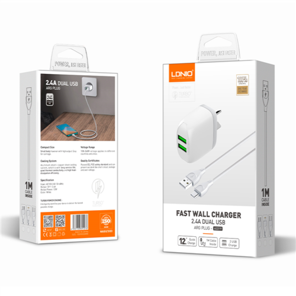 Cargador Pared Doble Entrada Micro USB 2.4A 2USB LDNIO