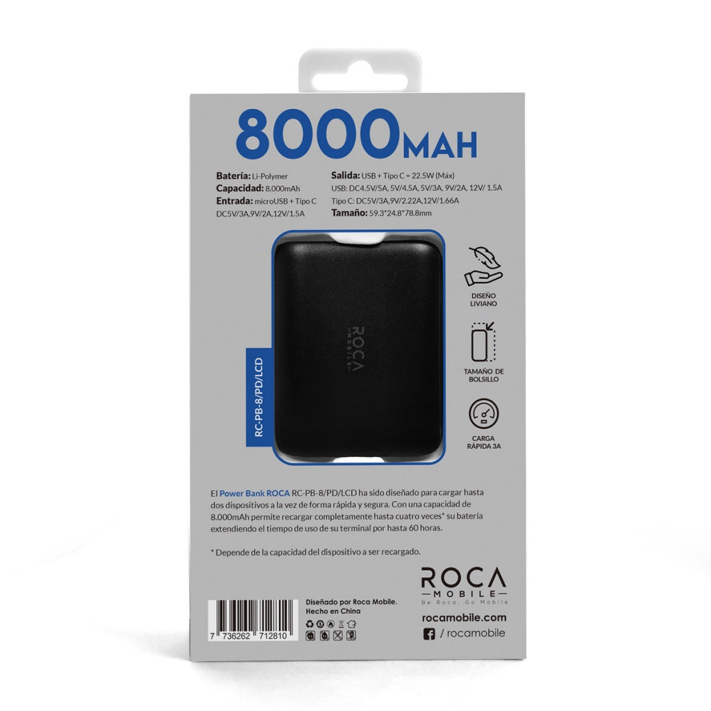 Power Bank ROCA PB8LCD+PD 8.000mAh 22.5W Carga Rápida