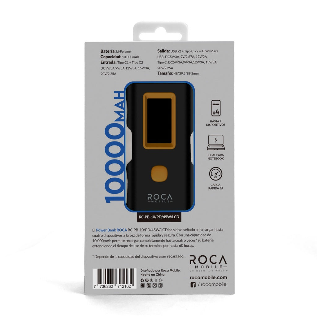 Power Bank ROCA PB10LCD+PD45W 10.000mAh 2USB + 2PD Ideal para Notebook