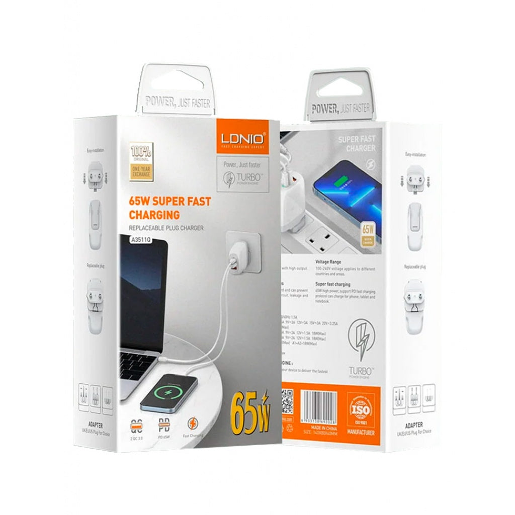 Cargador Pared Tipo C 65W GaN PD+Q3.0+USB LDNIO 3 Puertos Carga Rápida