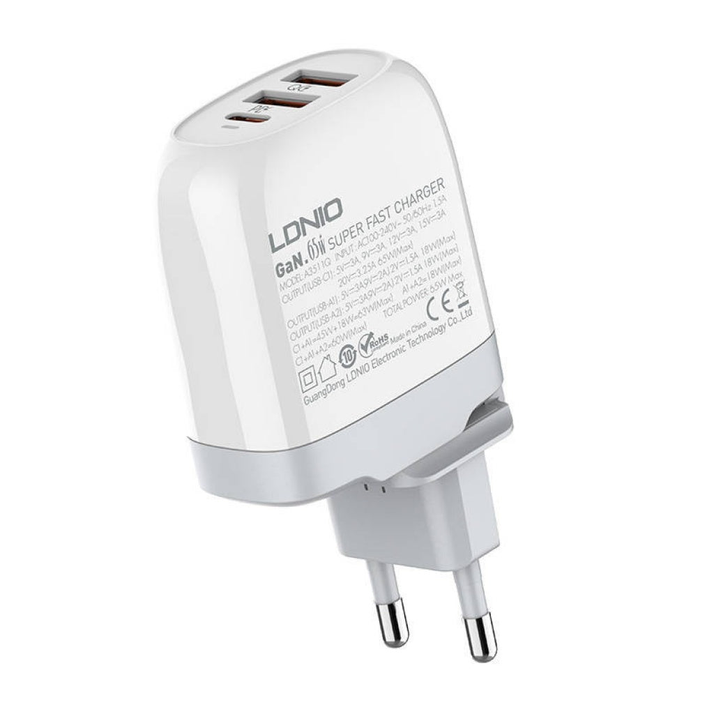 Cargador Pared Tipo C 65W GaN PD+Q3.0+USB LDNIO 3 Puertos Carga Rápida