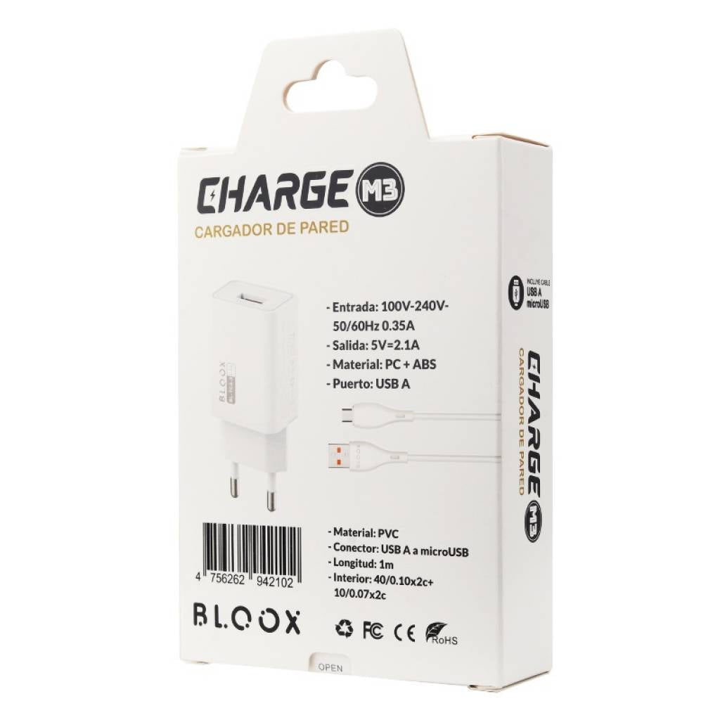 Cargador BLOOX 1 USB 2.1A + Cable MicroUSB 1M