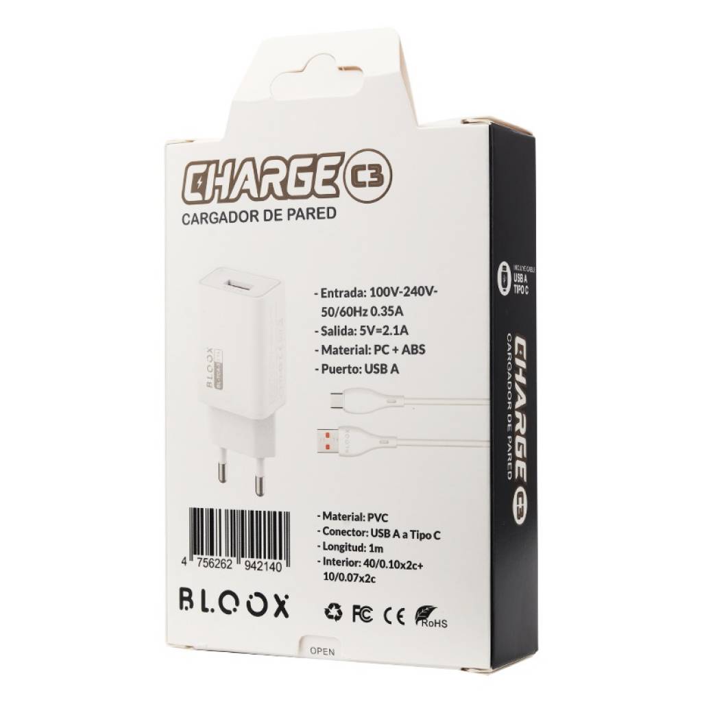 Cargador de Pared BLOOX 1 USB 2.1A + Cable Tipo C 1M