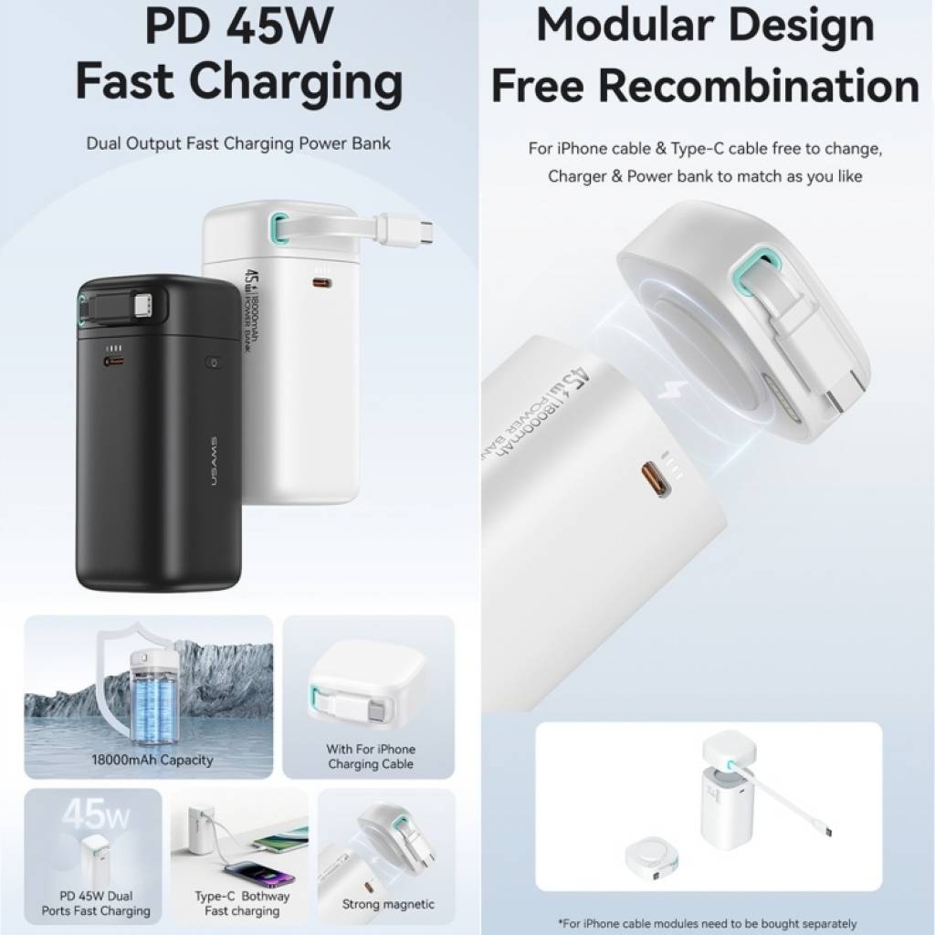 Power Bank 18000mAh Tecnología GaN PD45W Cable Retráctil Magnético Tipo C USAMS
