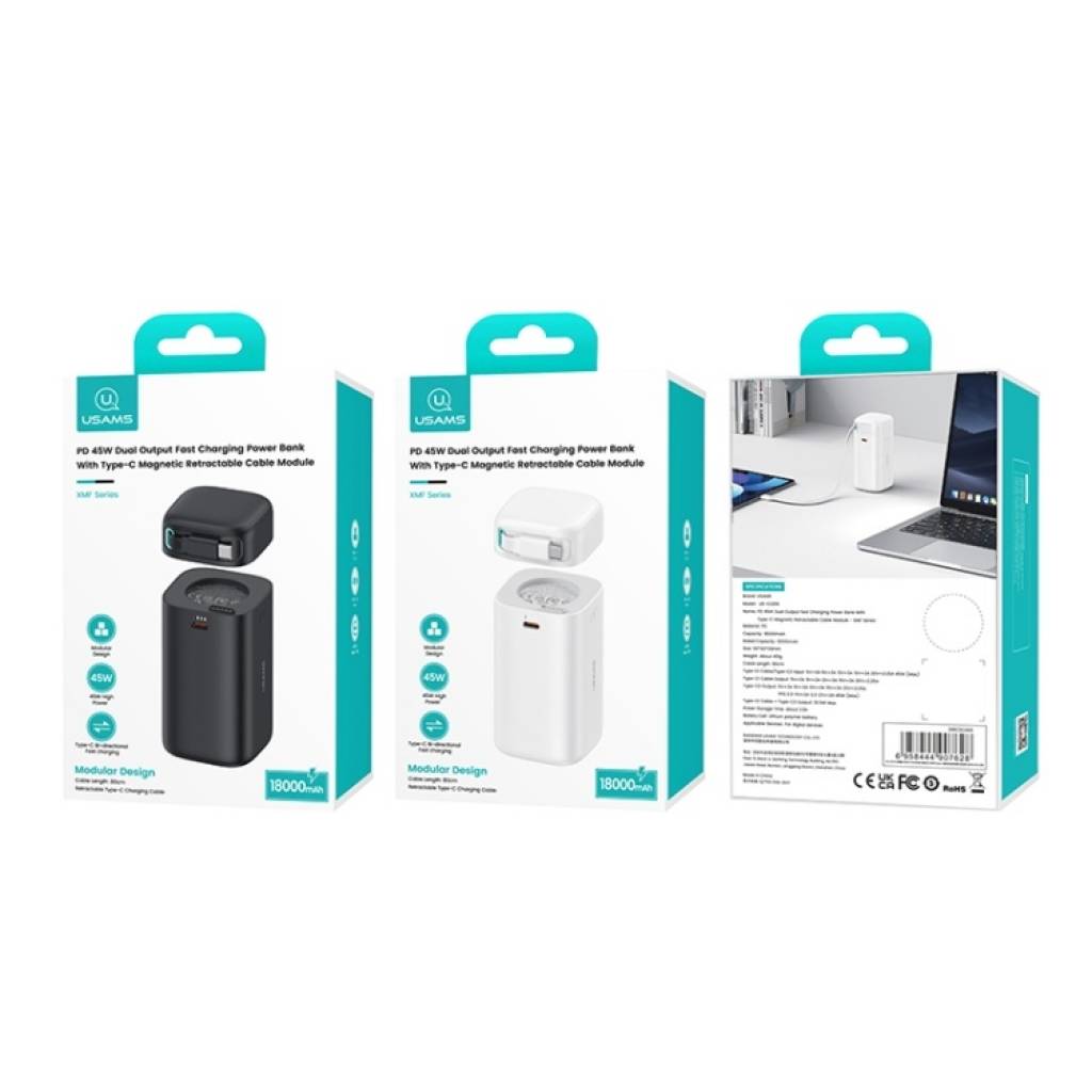 Power Bank 18000mAh Tecnología GaN PD45W Cable Retráctil Magnético Tipo C USAMS