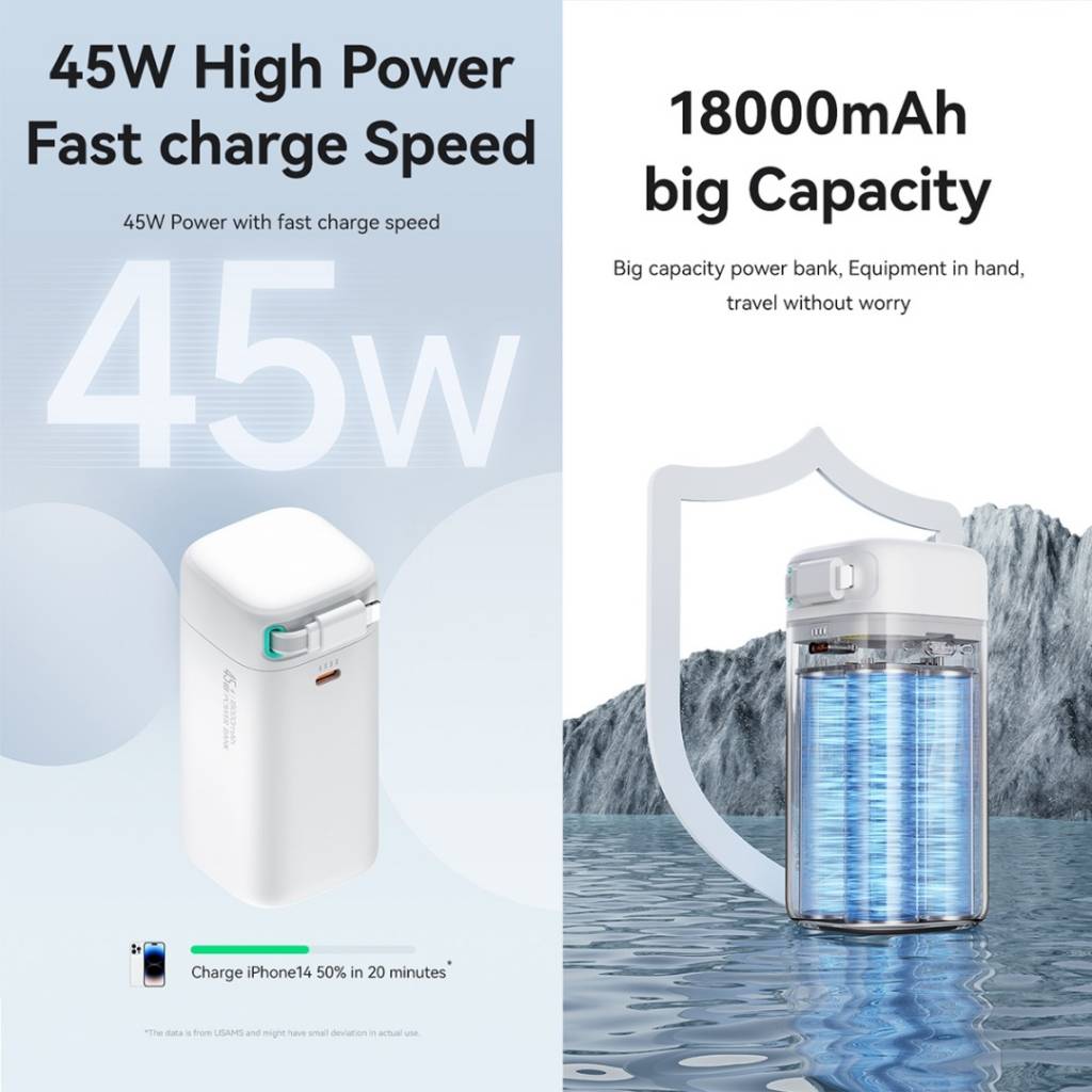 Power Bank 18000mAh PD45W Cable Retráctil Magnético Lightning CD217 USAMS