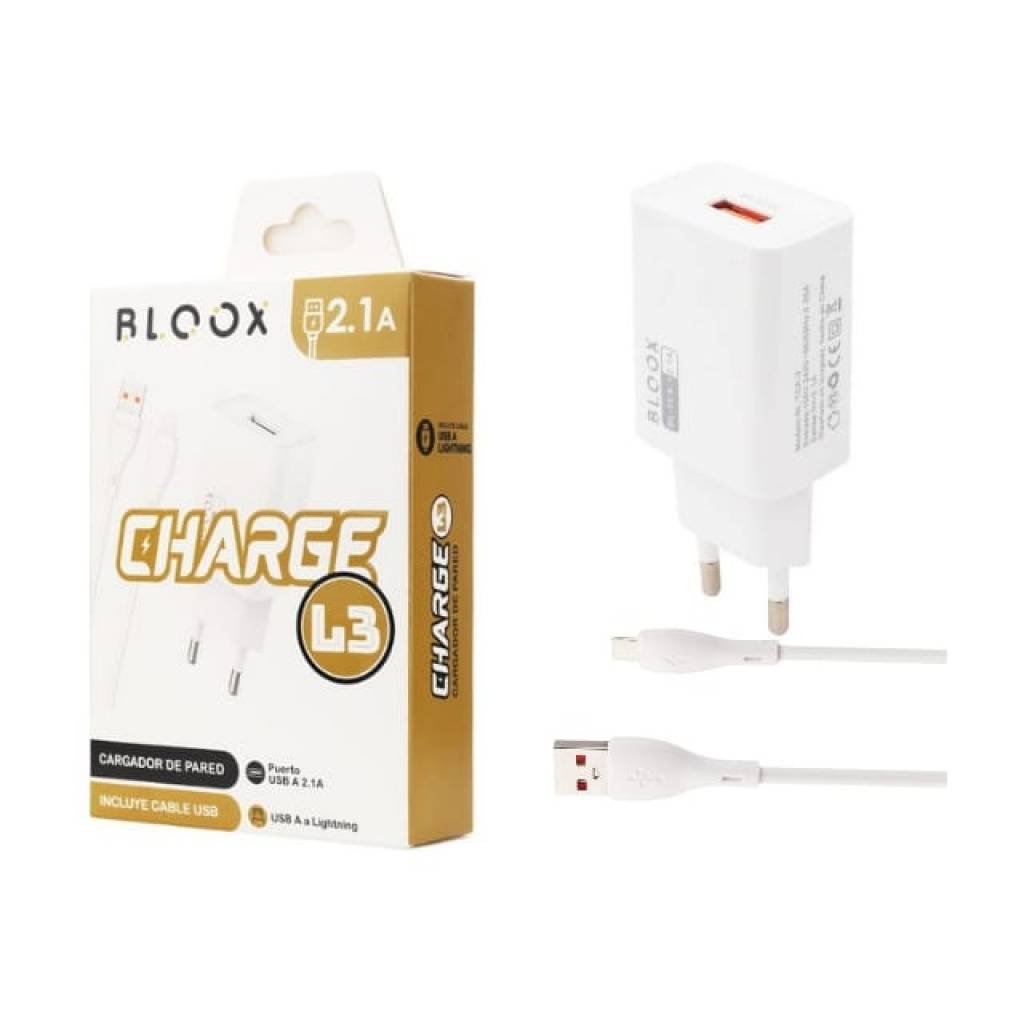 Cargador de Pared BLOOX 1 USB 2.1A + Cable Lightning 1M Compatible con iPhone