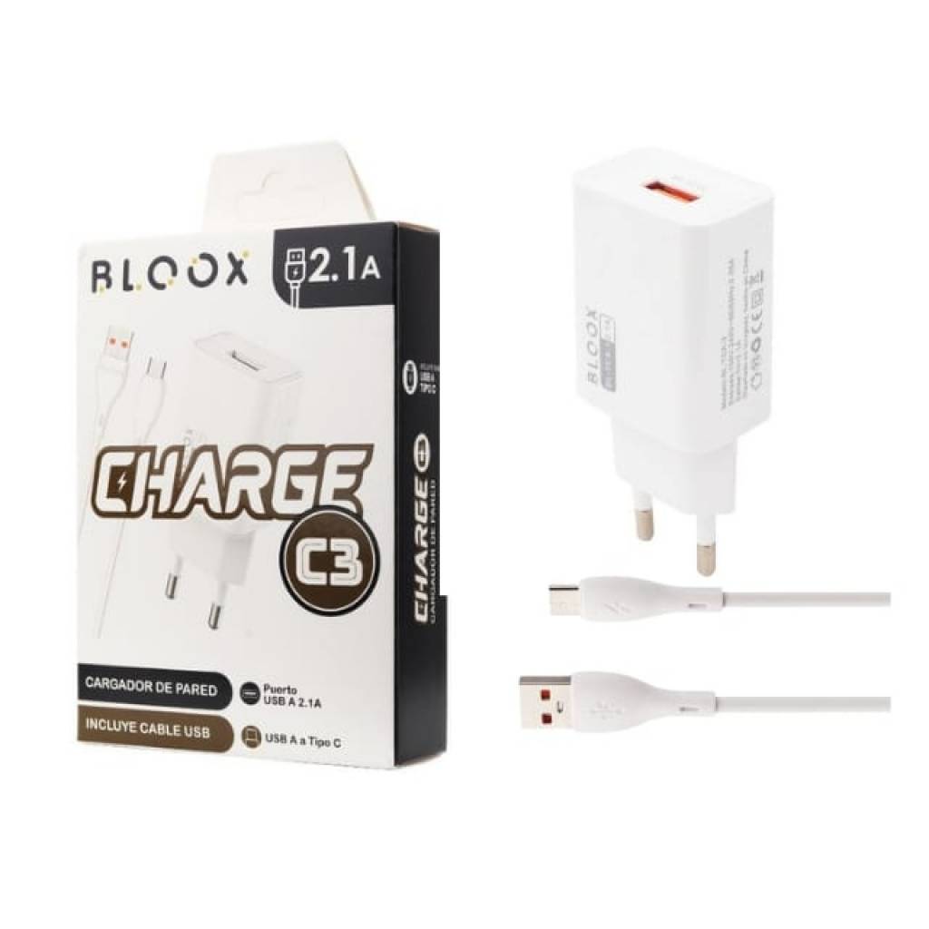 Cargador de Pared BLOOX 1 USB 2.1A + Cable Tipo C 1M