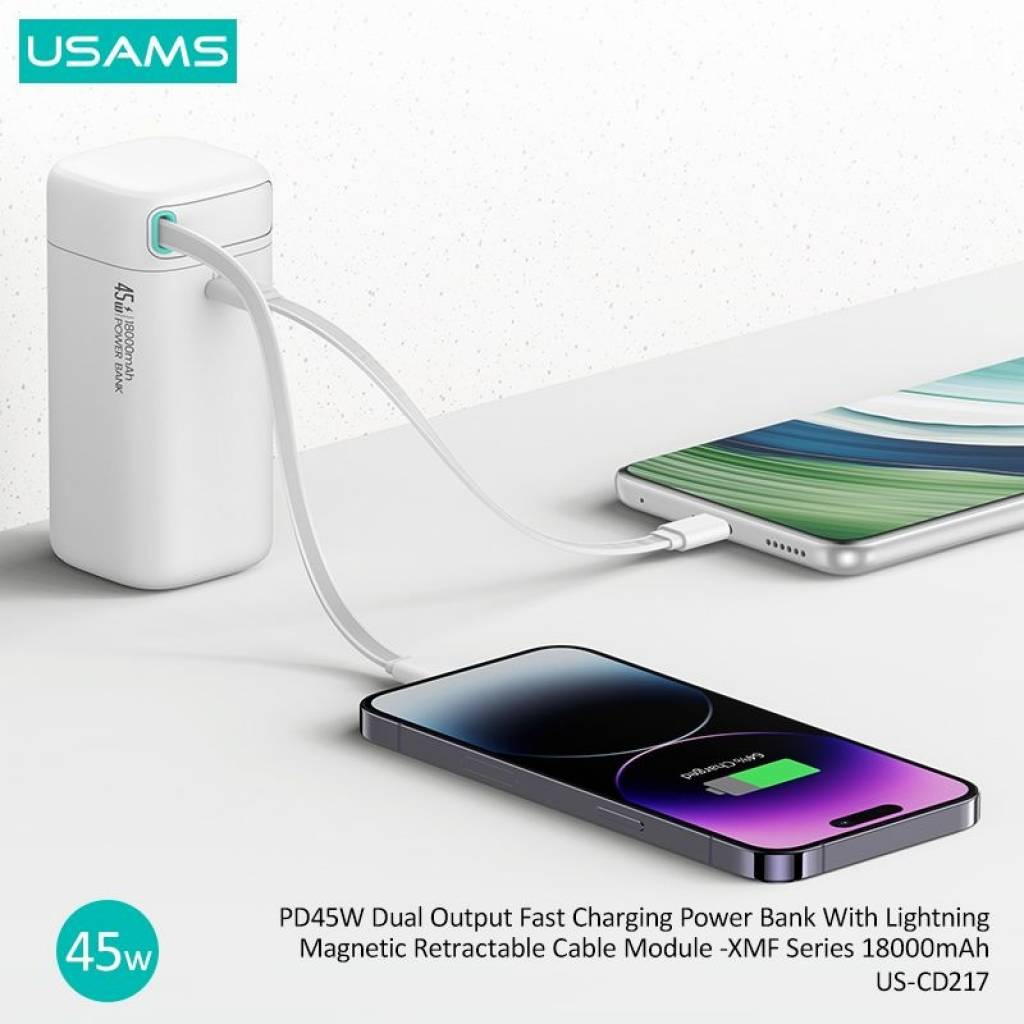 Power Bank 18000mAh PD45W Cable Retráctil Magnético Lightning CD217 USAMS