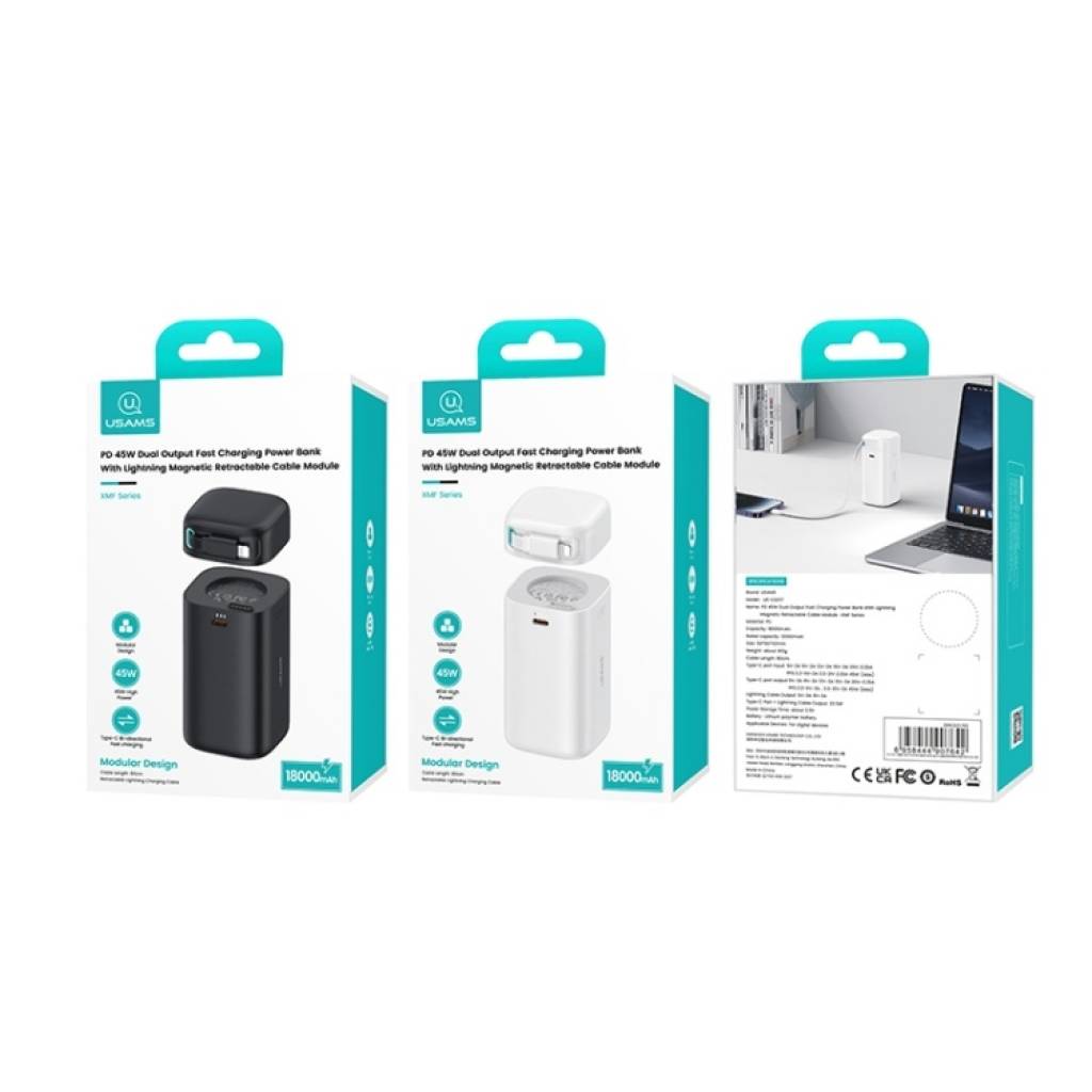 Power Bank 18000mAh PD45W Cable Retráctil Magnético Lightning CD217 USAMS