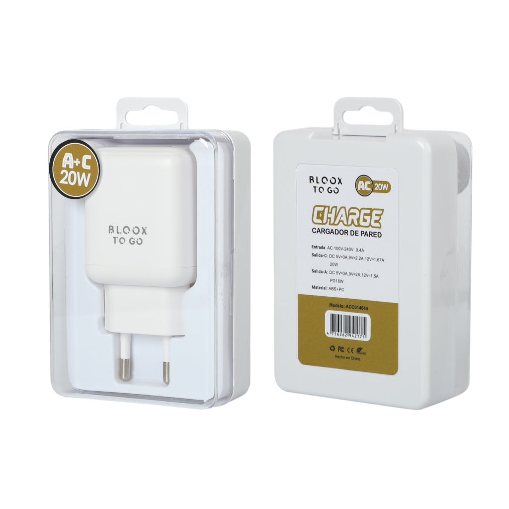 Cargador Ficha BLOOX TO GO A+C 3A 20W Sin Cable