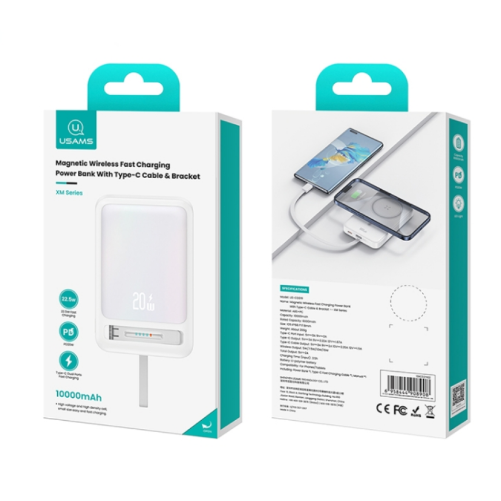 Power Bank Magnético c/Soporte 10.000mAh Carga Inalámbrica Cable Tipo C CD219 USAM