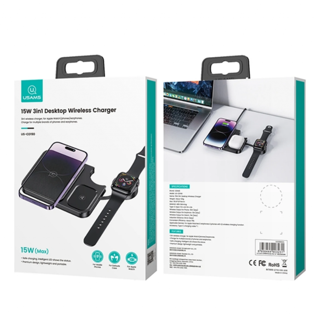 Cargador inalámbrico 15W 3 en 1 Carga rápida (celular, reloj, auriculares)