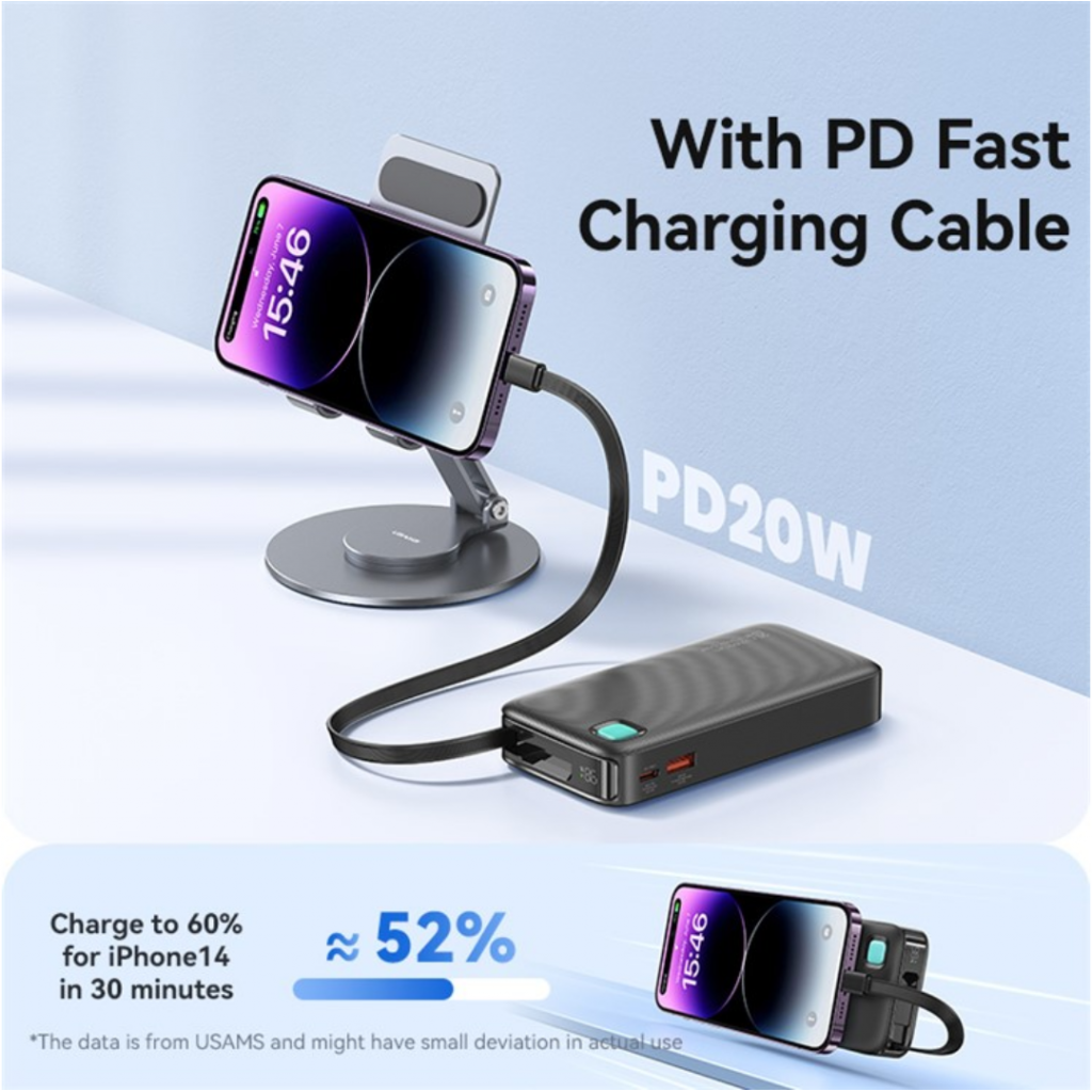 Power Bank 10000mAh 20W Cable Retráctil Lightning Violeta iPhone