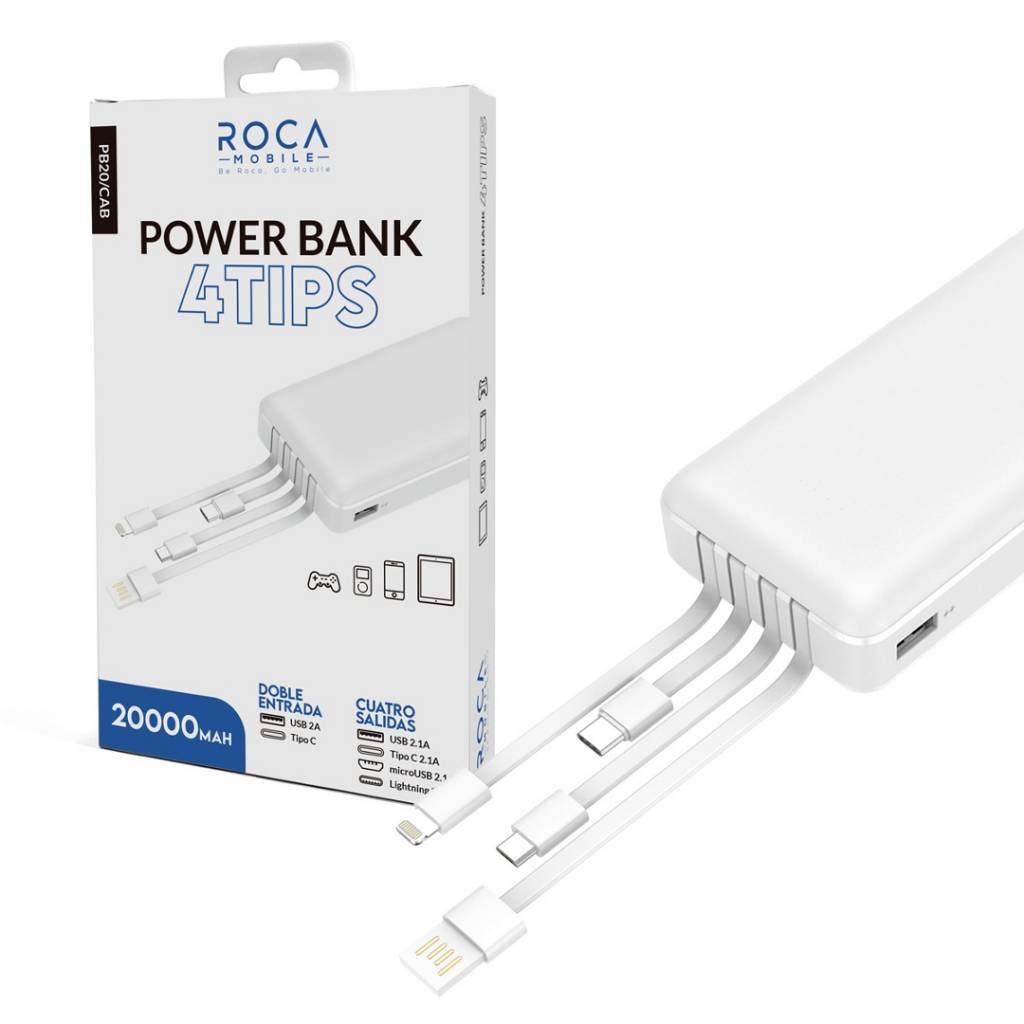 Power Bank Roca PB10 con cables Tipo C Lightning Micro USB 20000 mAh