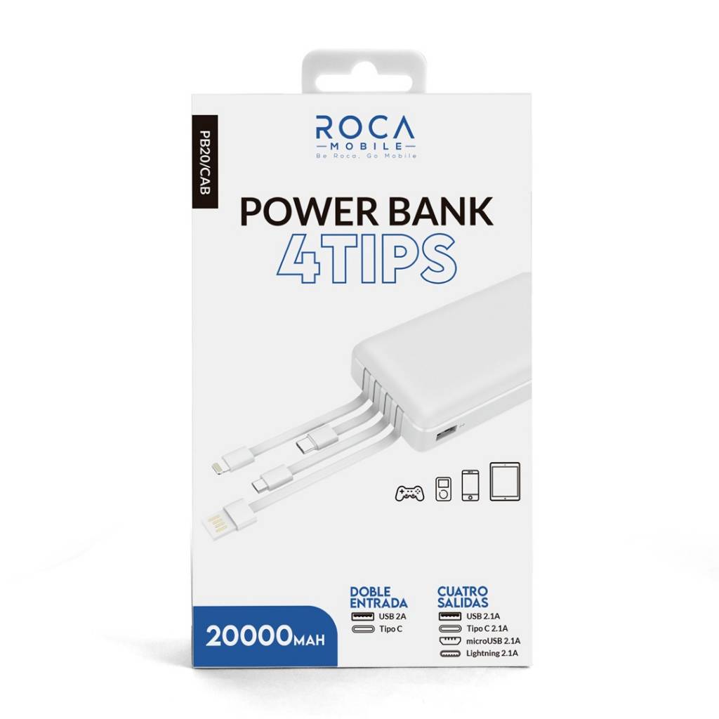 Power Bank Roca PB10 con cables Tipo C Lightning Micro USB 20000 mAh