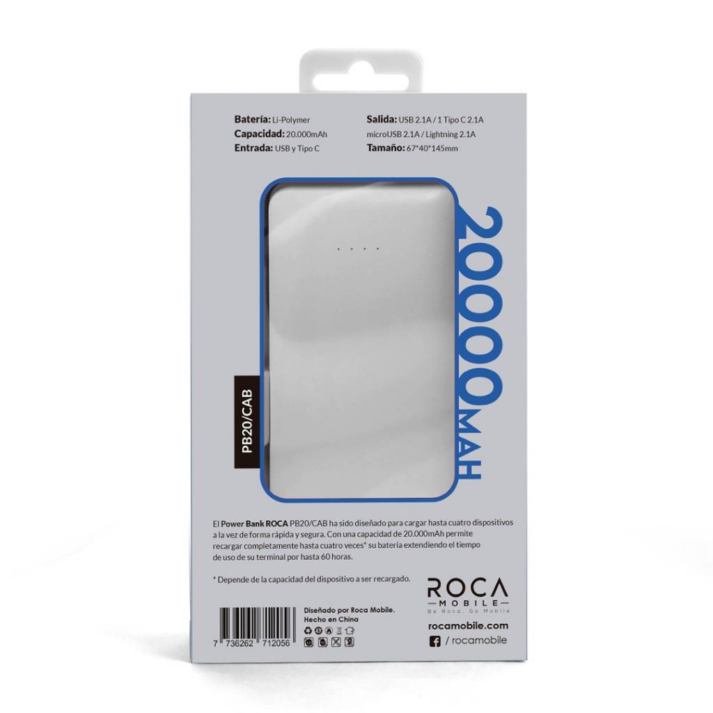 Power Bank Roca PB10 con cables Tipo C Lightning Micro USB 20000 mAh