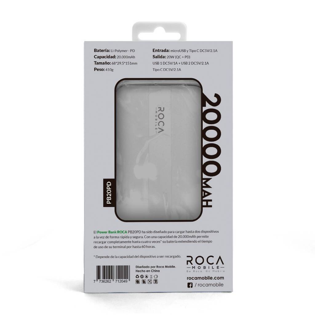 Power Bank 20000 mAh ROCA PB20 20W Carga rápida