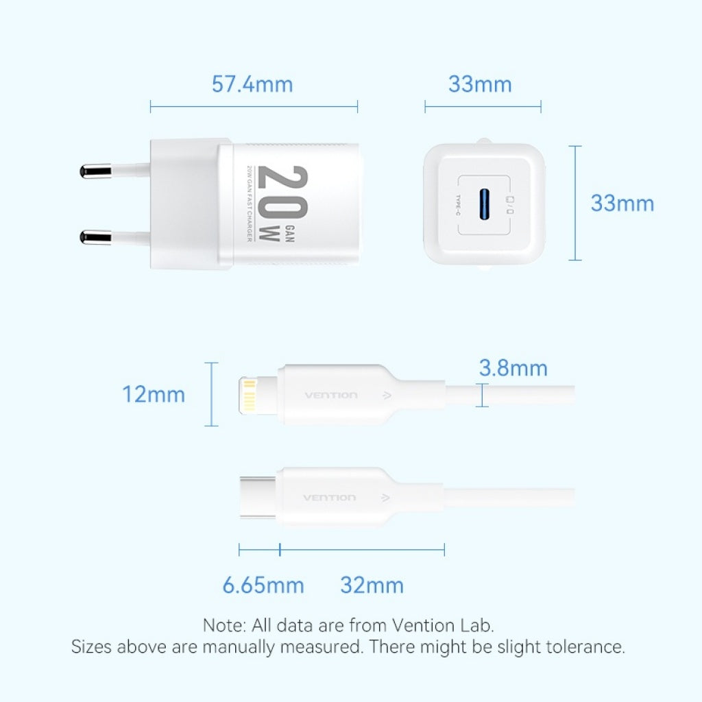 Cargador de Pared GaN USB-C a Lightning 20W Vention