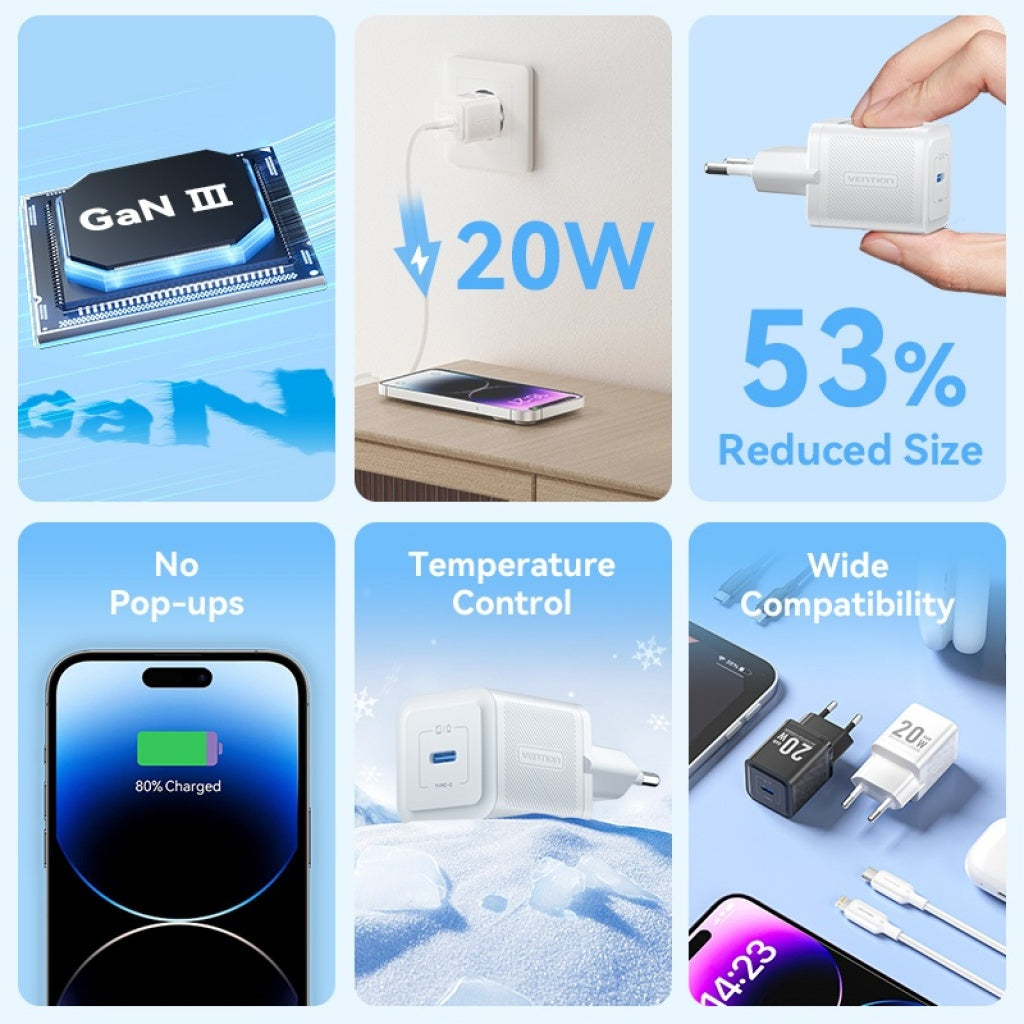 Cargador de Pared GaN USB-C a Lightning 20W Vention