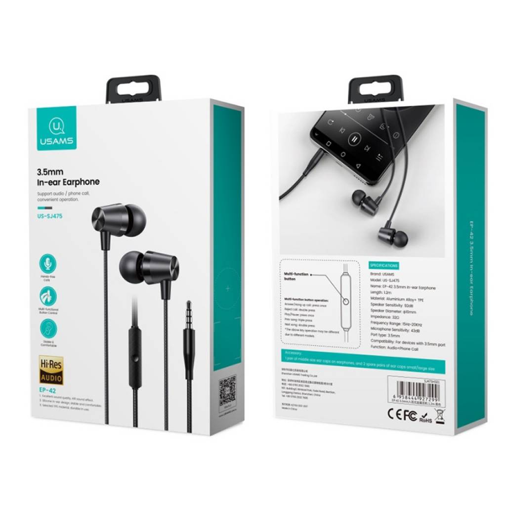 Auriculares Manos Libres Stereo 3.5mm 1.2M inear SJ475 EP-42 USAMS