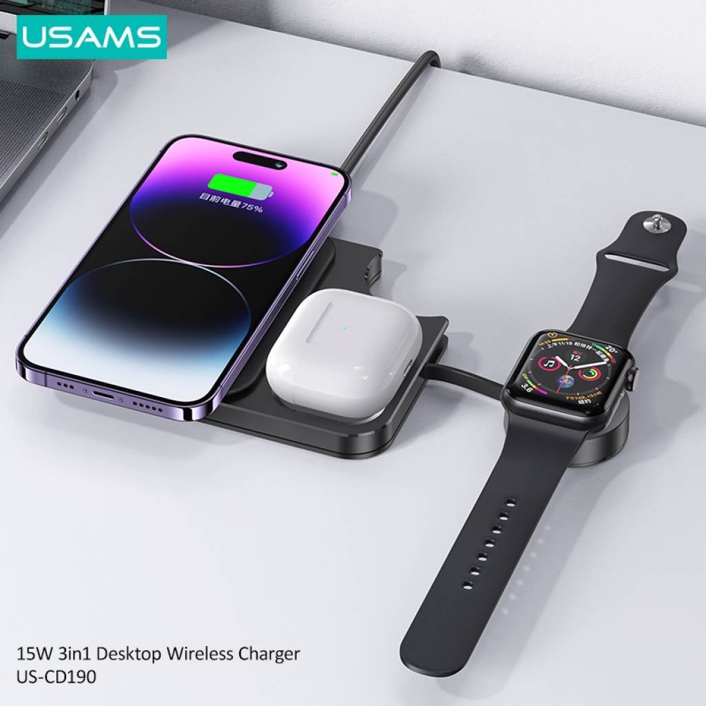Cargador inalámbrico 15W 3 en 1 Carga rápida (celular, reloj, auriculares)