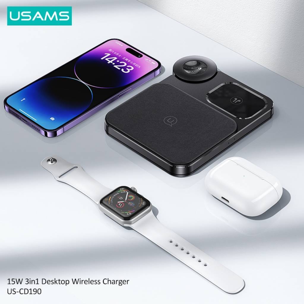 Cargador inalámbrico 15W 3 en 1 Carga rápida (celular, reloj, auriculares)