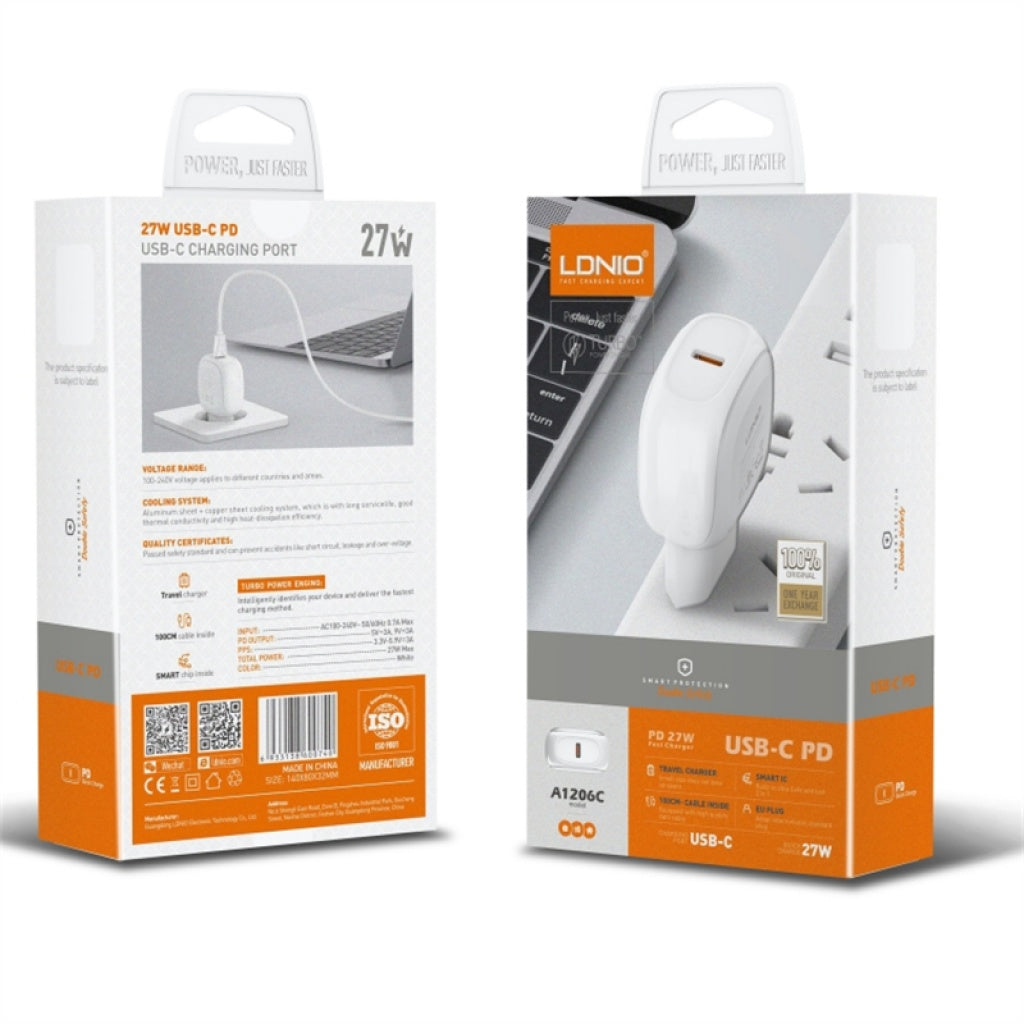 Cargador Pared Solo Ficha USB C a Tipo C 27W Carga Rápida LDNIO