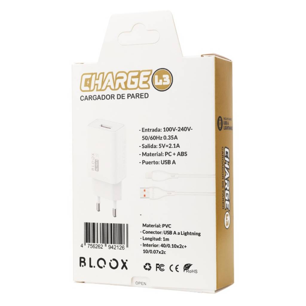 Cargador Completo BLOOX 1 USB 2.1A + Cable Lightning 1M