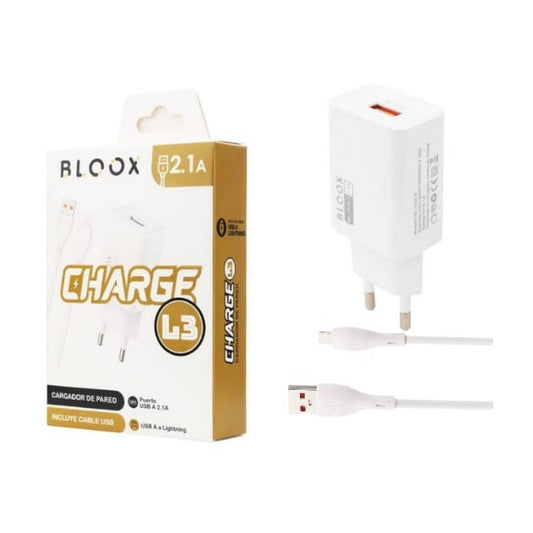 Cargador de Pared BLOOX 1 USB 2.1A + Cable Lightning 1M Compatible con iPhone