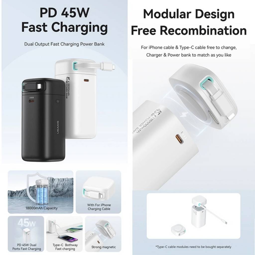 Power Bank 18000mAh PD45W Cable Retráctil Magnético Lightning CD217 USAMS